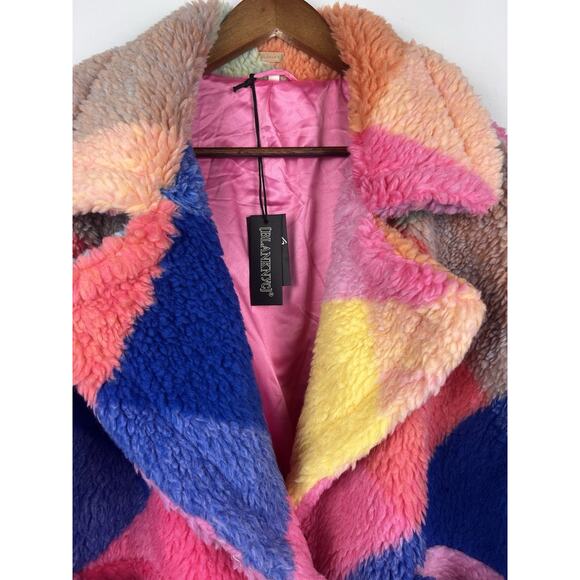BLANKNYC Women’s L Colorblock Sherpa Teddy Jacket Rainbow Patchwork Oversized - Picture 7 of 10
